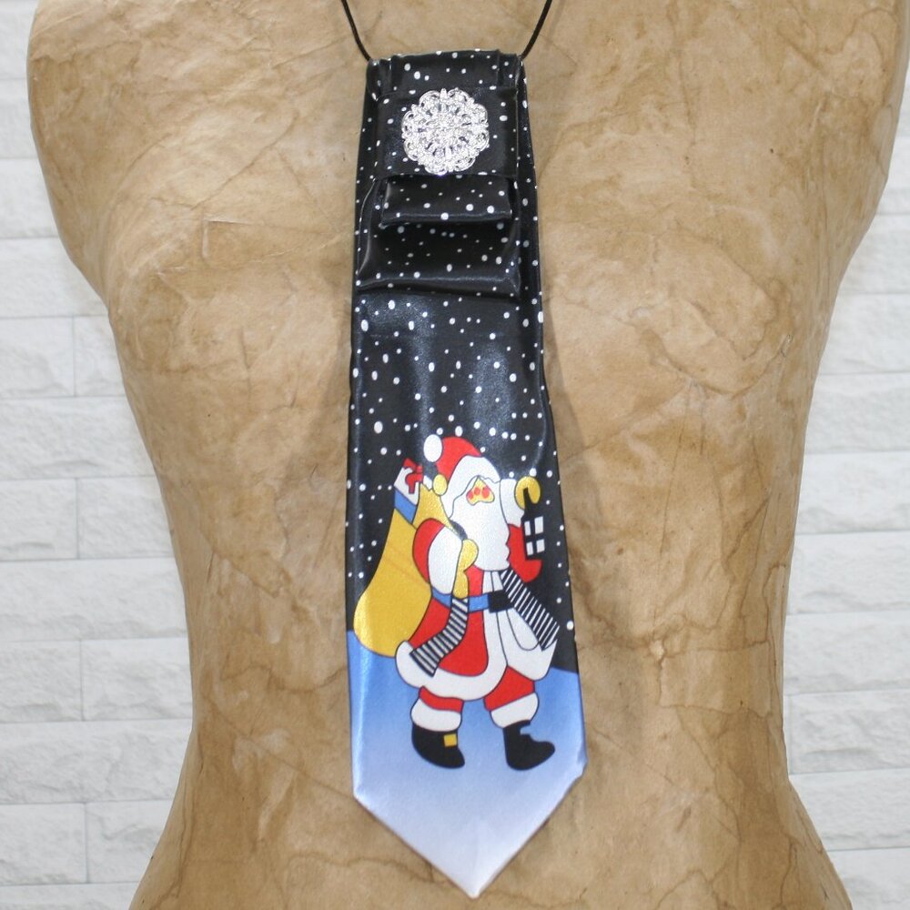UPCYCLED Neck Tie Necklace Brooch Christmas Santa Toys Holiday Accessory Red